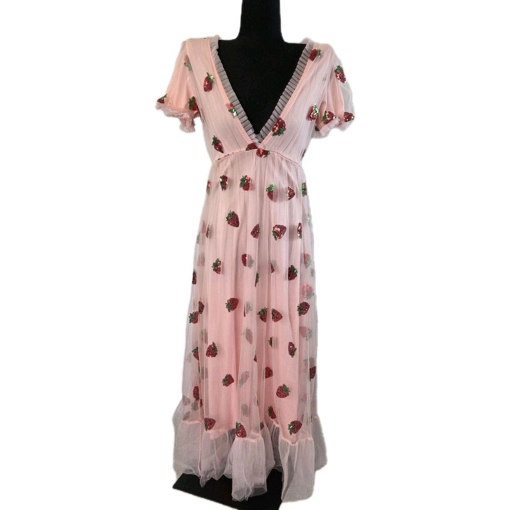 Pink Red Strawberry Dress Small Tulle Ruffle V-Neck Lined Fashion Classic